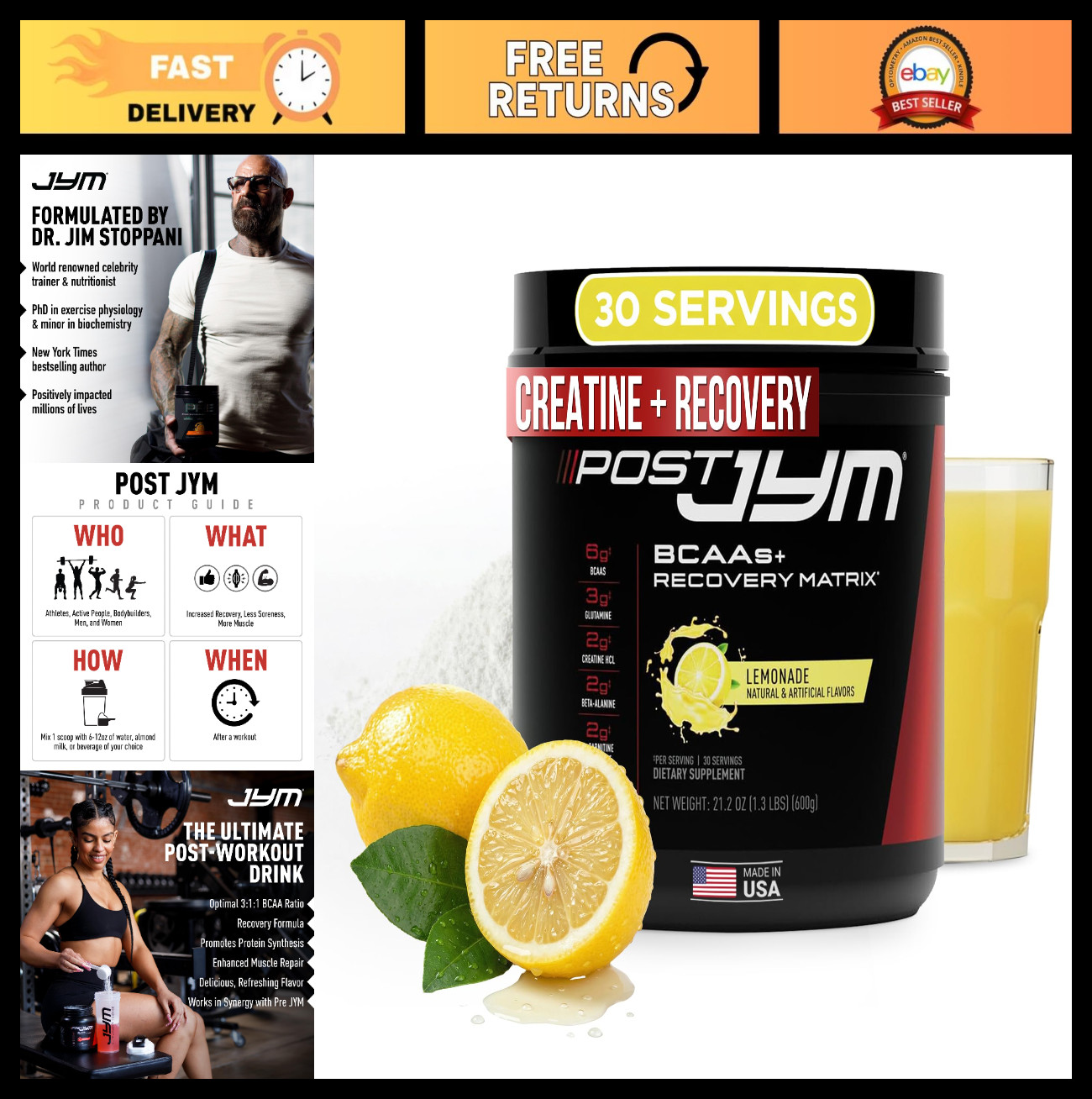 Amino Recovery Powder with Creatine HCL, BCAAs, Glutamine, Carnitine – Lemonade