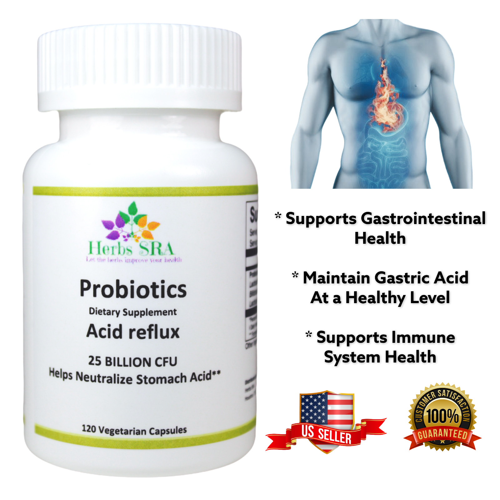 HEARTBURN PROBIOTICS, 120 Capsules, Lactobacillus Gasseri, Intestinal Health.