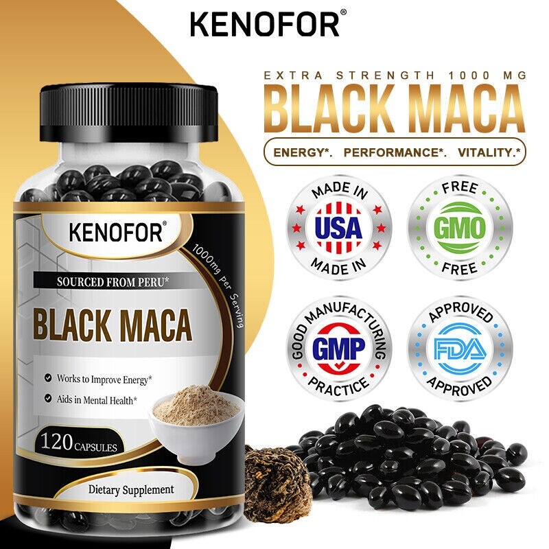 Black Maca 1,000 Mg Natural Energy Booster Peruvian Maca for Men and Women