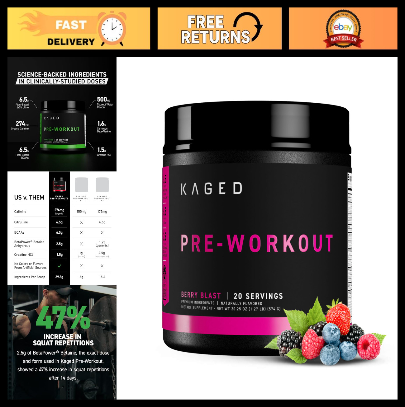 Pre Workout Powder Berry Blast | Creatine, Beta Alanine, L-Citrulline, BCAAs | 2