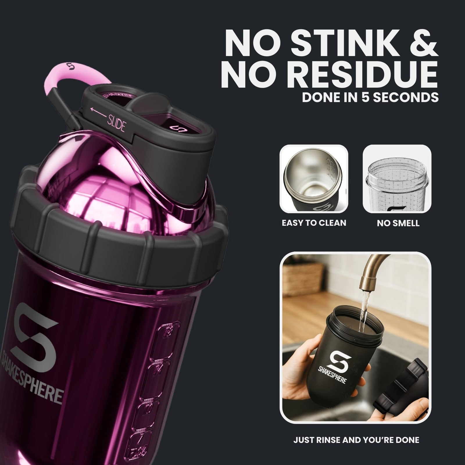 Shakesphere Stainless Steel Shaker Bottle – 24Oz Insulated Protein Shaker