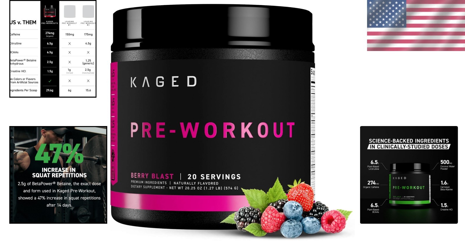 Powerful Pre Workout Formula with Creatine & Organic Caffeine – 20 Servings