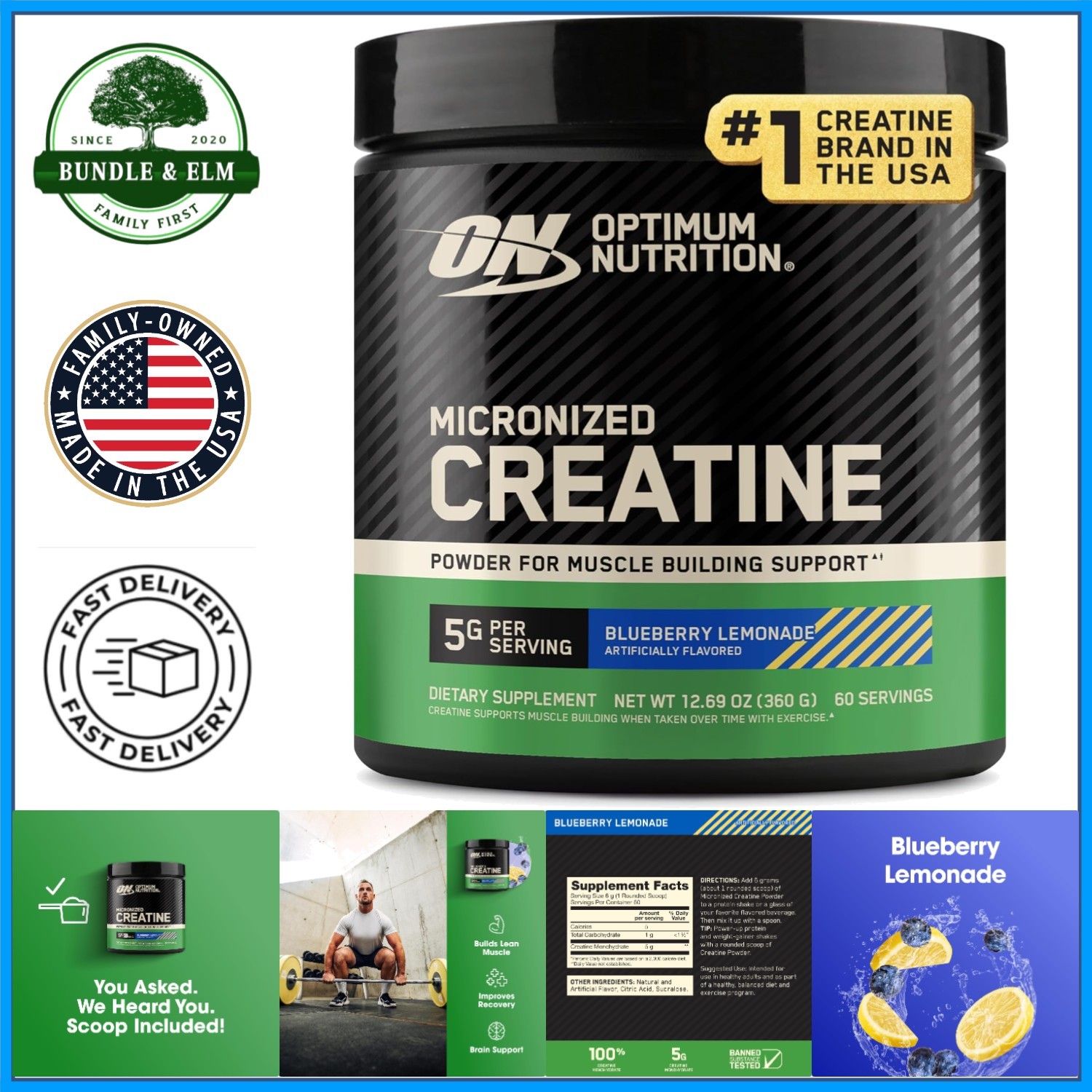 Micronized Creatine Monohydrate Powder, Blueberry Lemonade Flavor, 60 Servings