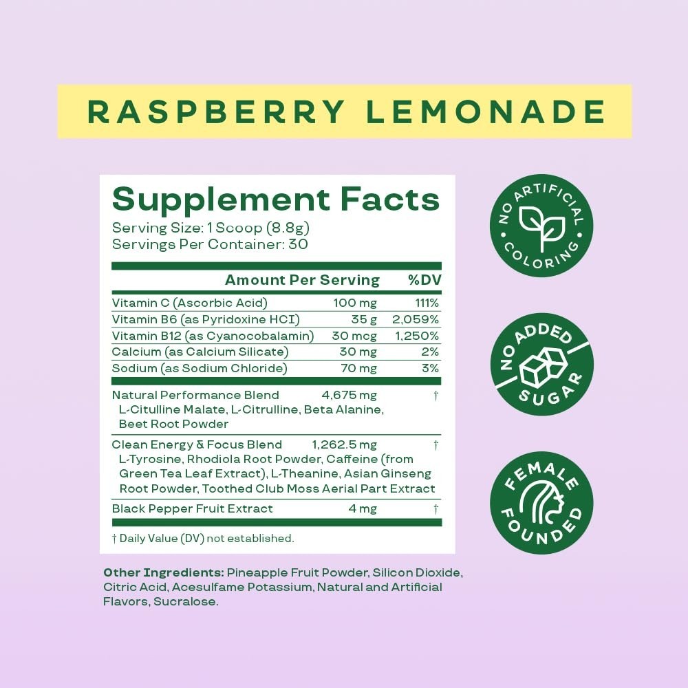 Pre Workout Powder – Raspberry Lemonade, 30 Servings, Beta Alanine, Ginseng, L T