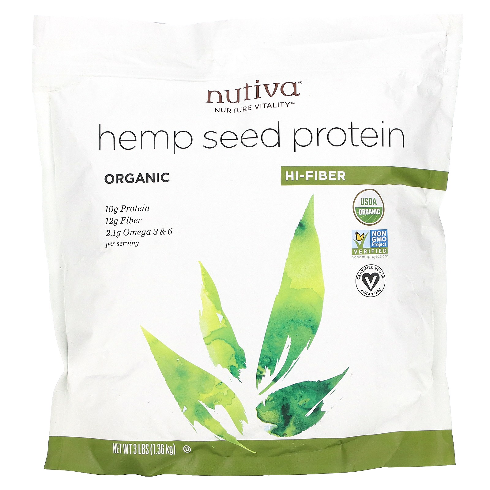 Nutiva Organic Hemp Protein Hi-Fiber 3 lbs 1 36 kg B Corp, Dairy-Free,