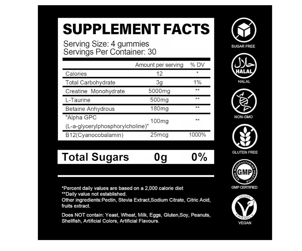 Creatine Gummies Monohydrate 5000MG Energy Muscle Performance / 120 Count