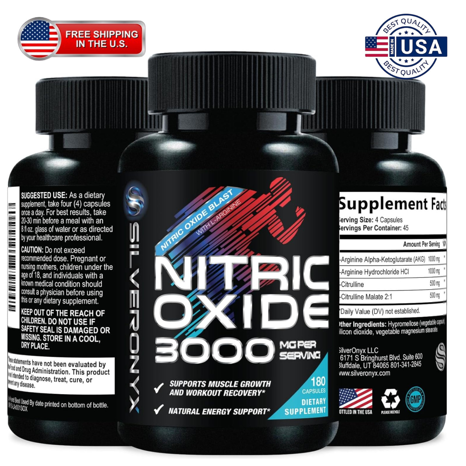 Potenciador de óxido nítrico, energía natural y apoyo muscular, 180 cápsulas
