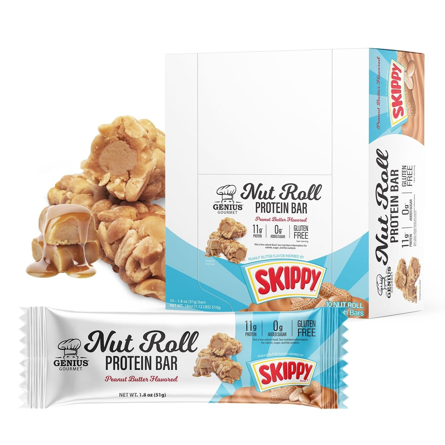 Genius Gourmet SKIPPY Peanut Butter 11g Protein Nut Roll Bar Gluten-Free Carb-Co