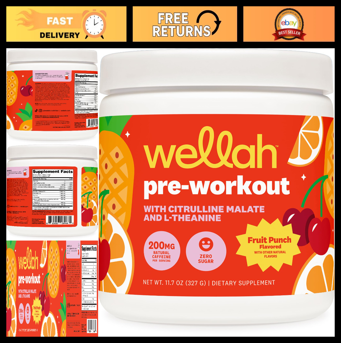 Fruit Punch Pre-Workout Drink Mix – 30 Servings, Citrulline Malate, L-Theanine,