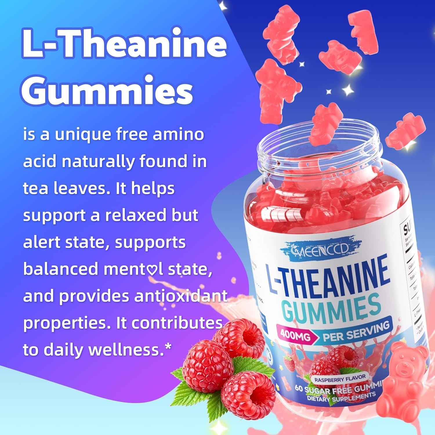 MEENCCD L-Theanine Gummies 400mg, Sugar-Free L-Theanine Supplement for Focus