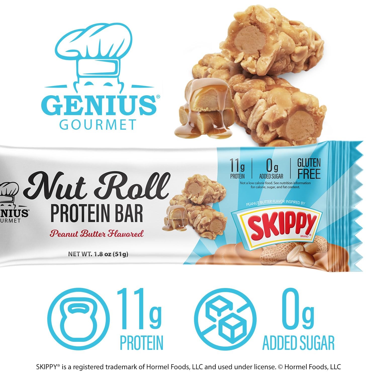 Genius Gourmet SKIPPY Peanut Butter 11g Protein Nut Roll Bar Gluten-Free Carb-Co