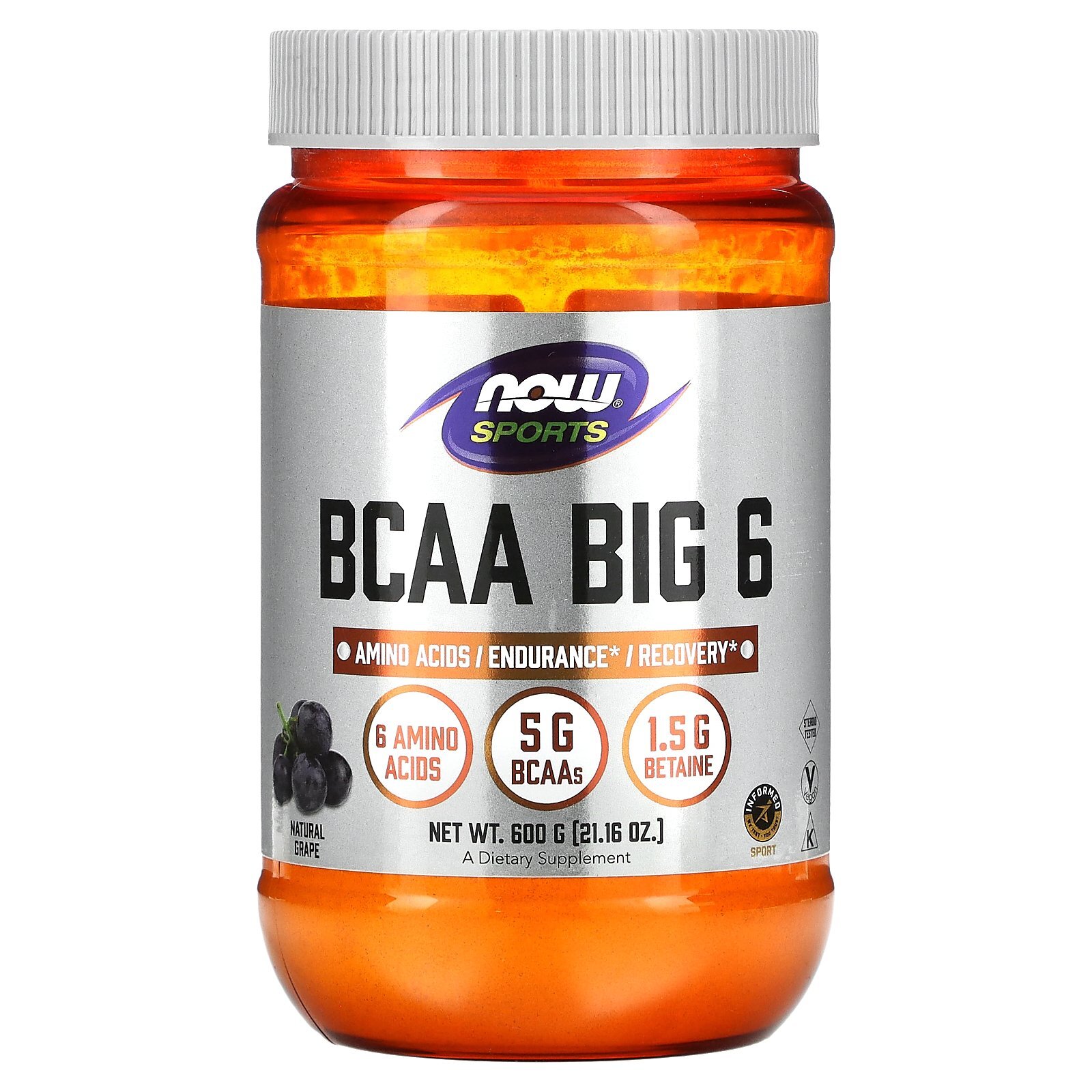Now Foods Sports BCAA Big 6 Natural Grape Flavor 21 16 oz 600 g Caffeine-Free &