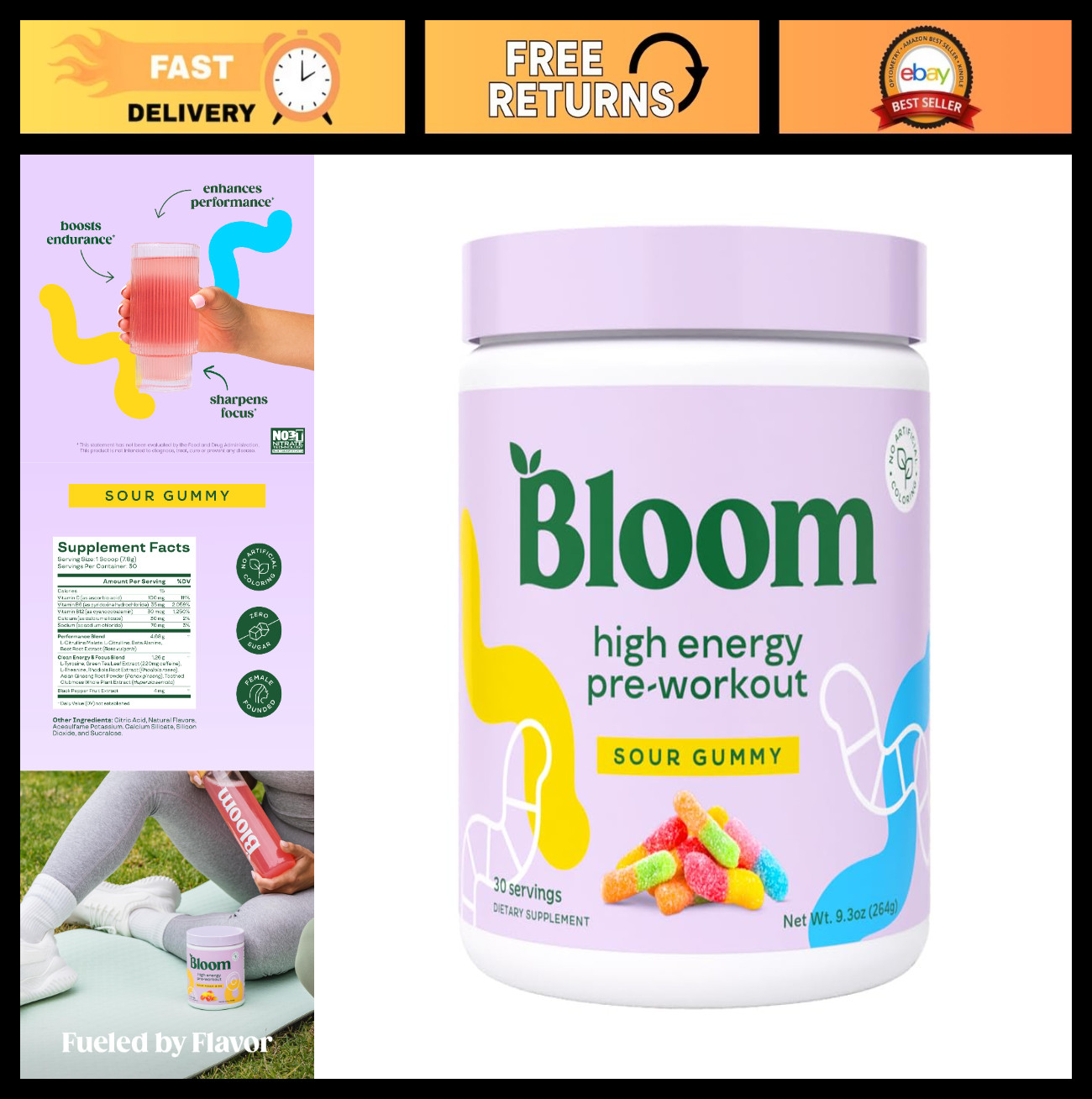 Pre Workout Powder – Sour Gummy, 30 Servings, Beta Alanine, Ginseng, L Tyrosine,