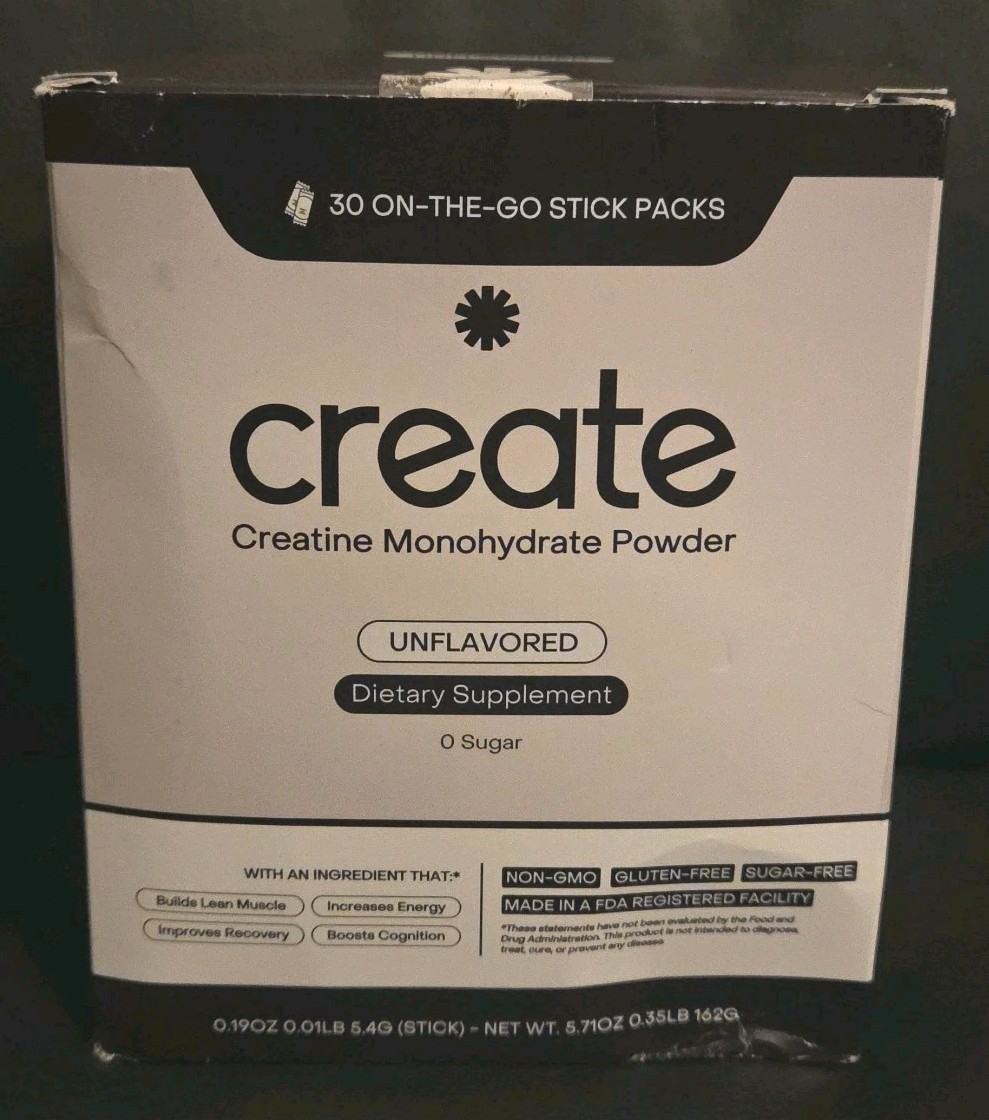 Create Creatine Monohydrate Powder Unflavored 30ct On-The-Go Stick Packs 08/2027