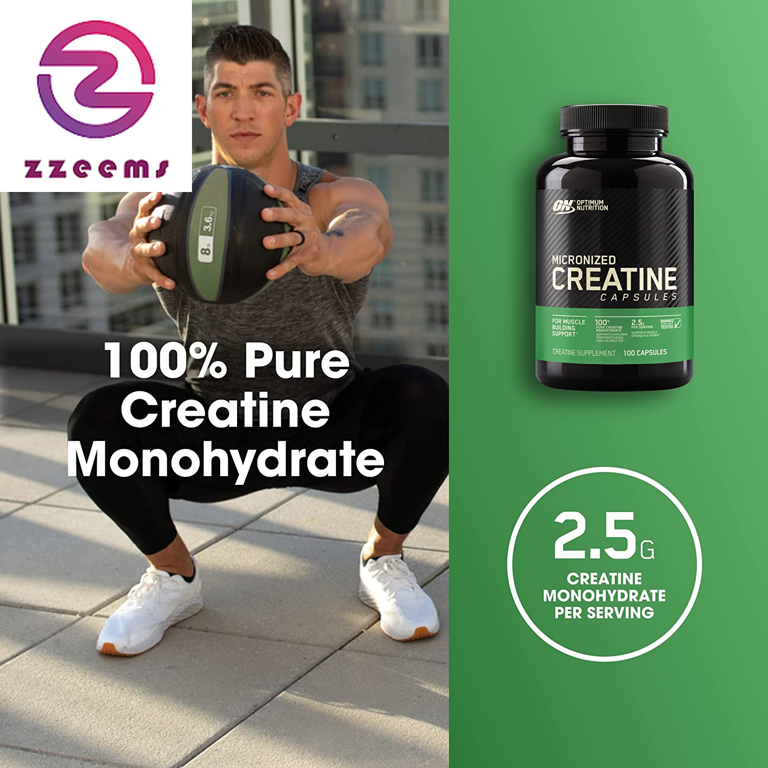 Micronized Creatine Monohydrate Capsules, Keto Friendly, 2500Mg, 100 Capsules