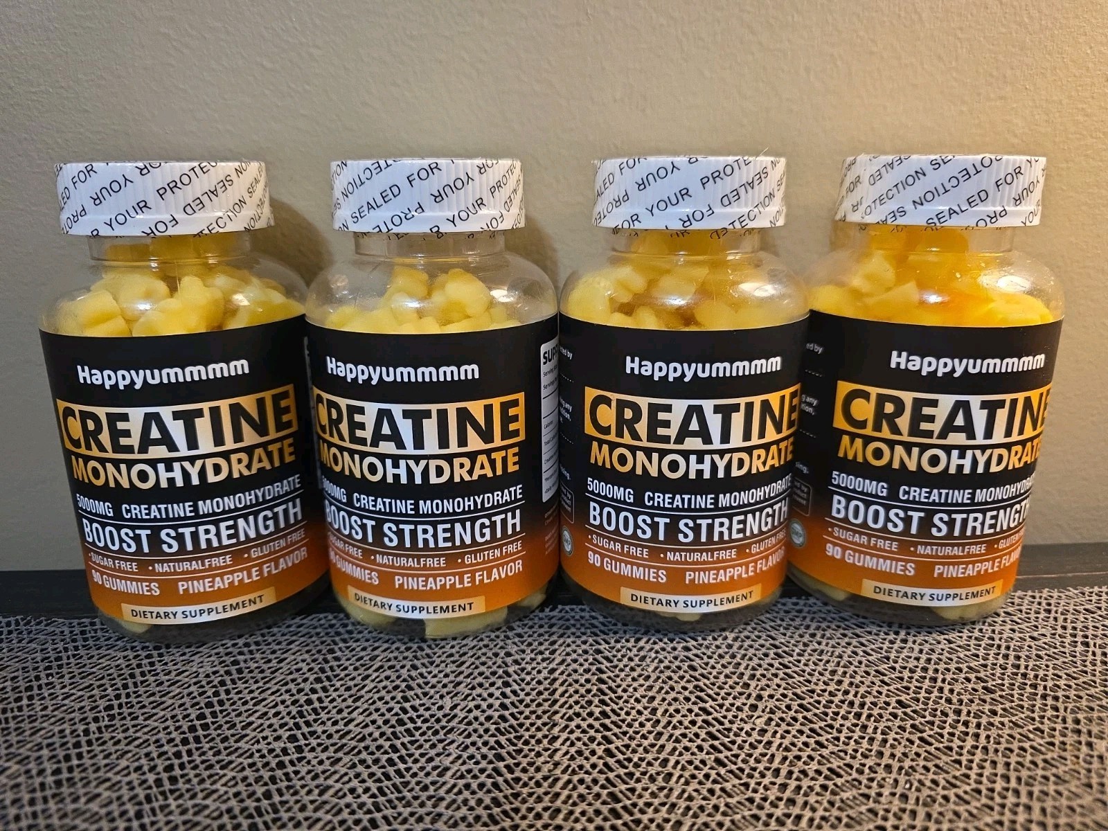 Happyummmm Creatine Monohydrate, Sugar Free, Pineapple, 4 Pack, 360 Gummies
