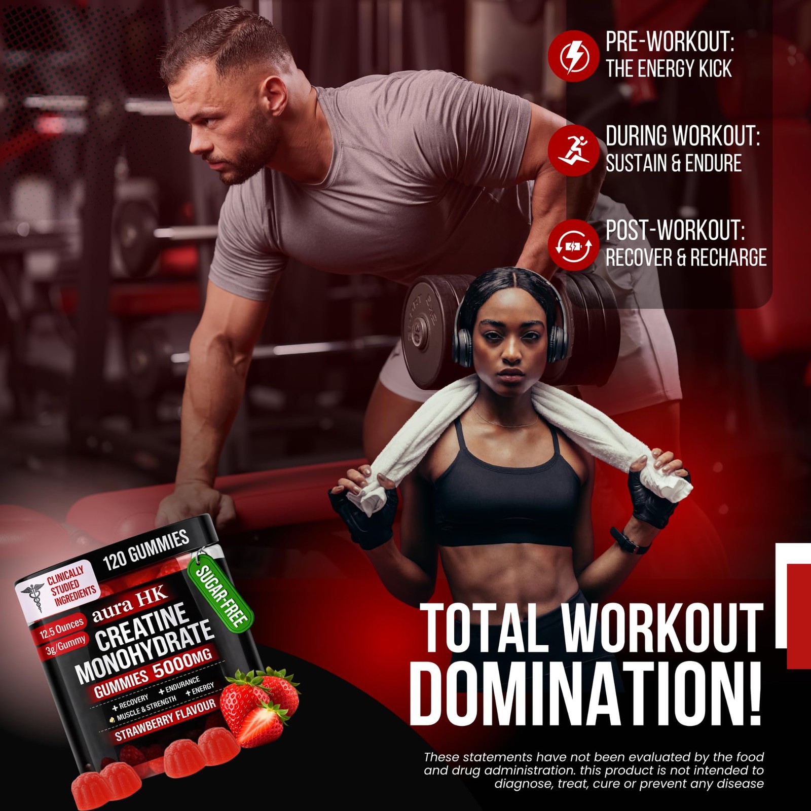 Sugar Free Creatine Monohydrate Gummies 5000mg 120 Count Jar for Men & Women …