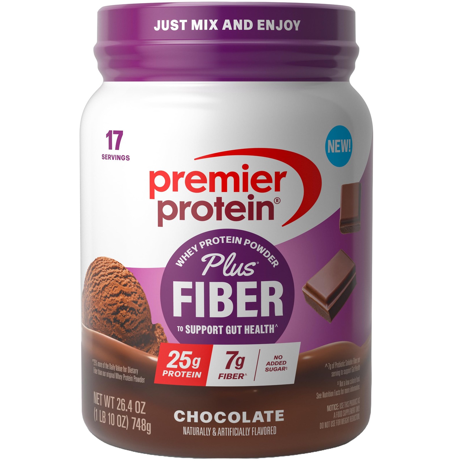 Premier Protein Powder Plus Fiber, Chocolate, 25g Protein, 7g Fiber to Suppor…
