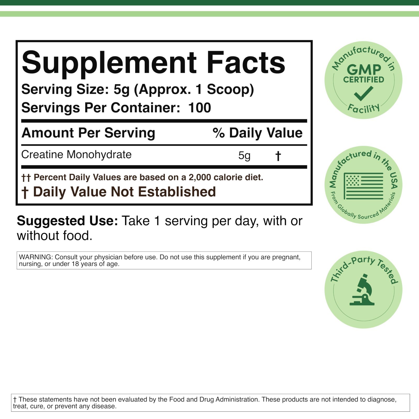 Pure Creatine Monohydrate Powder 1.1lbs – 100 Servings, Vegan, Non-GMO, Gluten-F