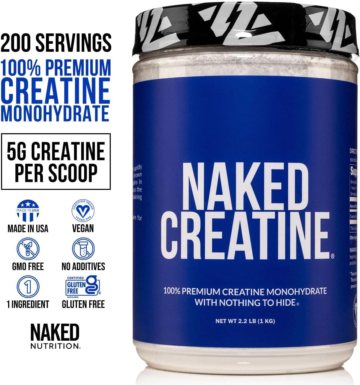 Pure Creatine Monohydrate, 200 Servings, 2.2lb, Vegan, Non-GMO, Gluten-Free