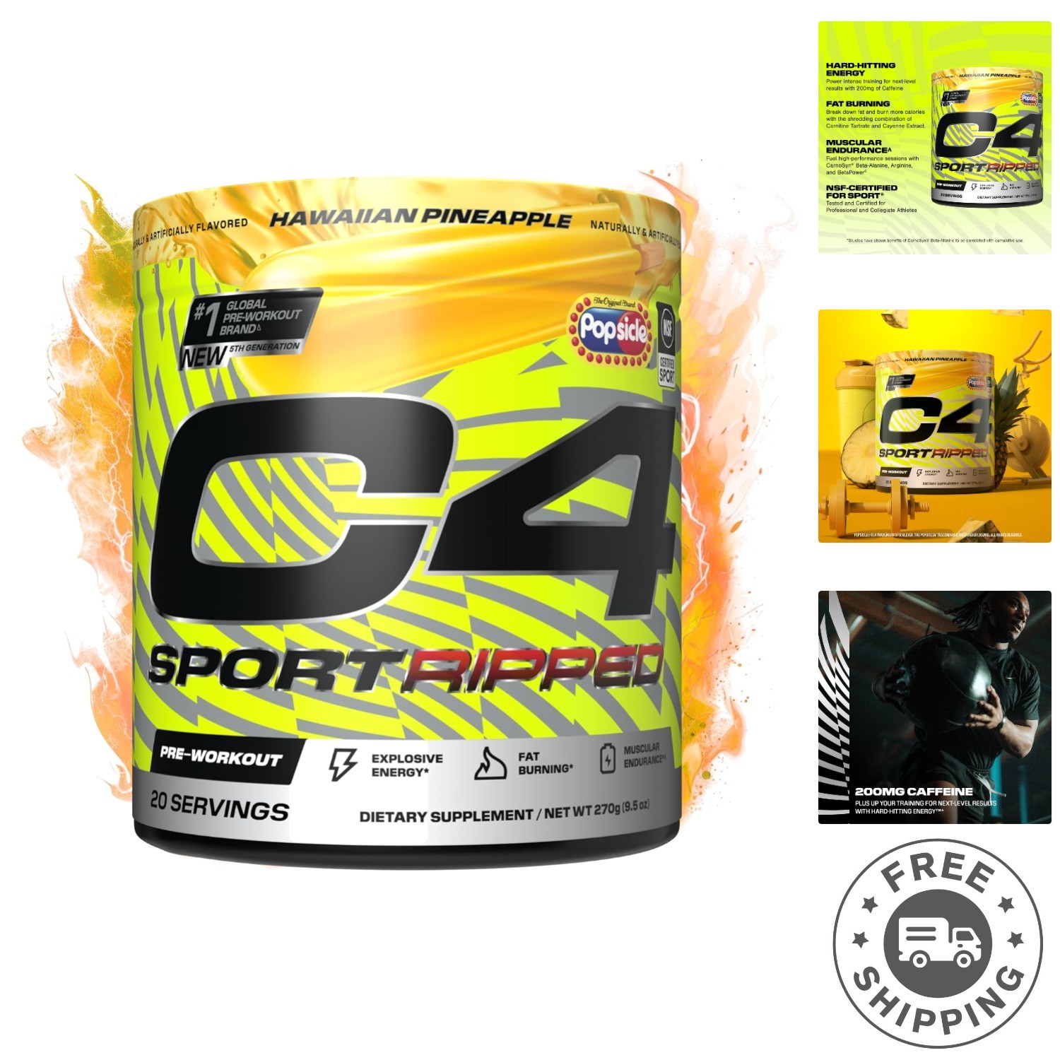 NSF Certified Pre Workout Powder – Ripped Sport with 200mg Caffeine, 20 Servings