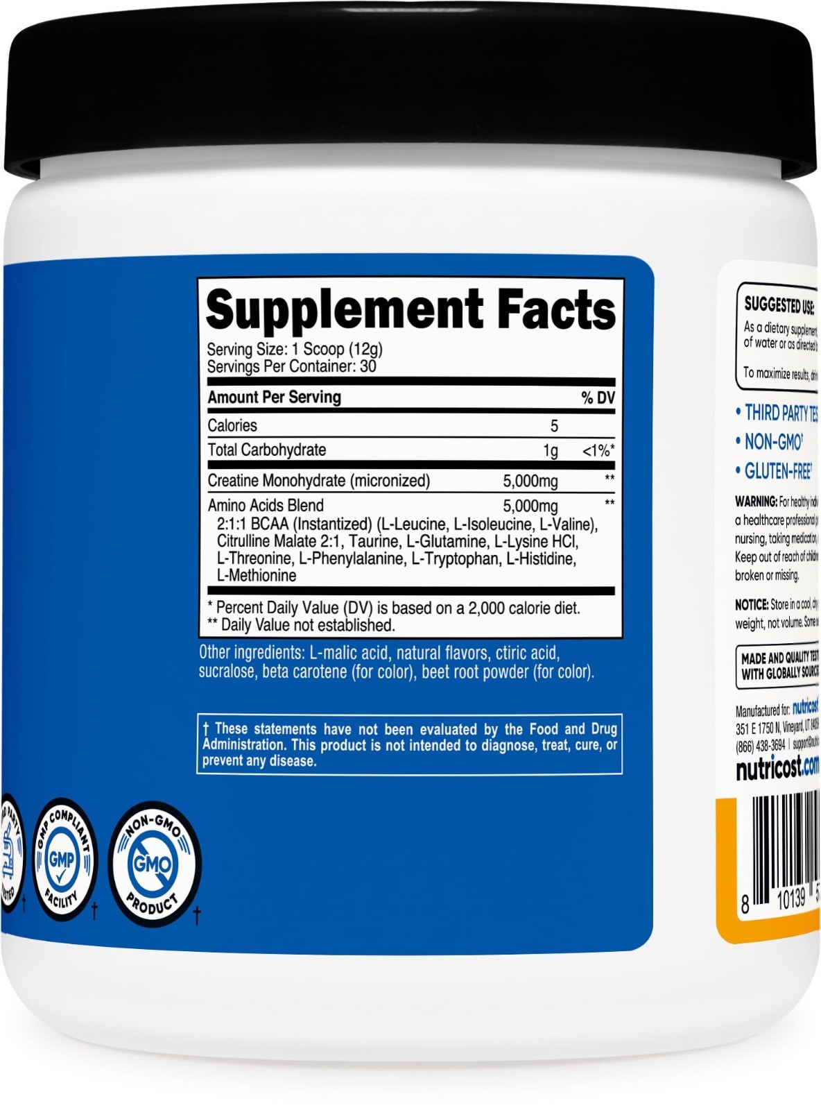 Creatine Monohydrate & BCAA Amino Blend – Peach Mango Flavor, 30 Servings, Glute