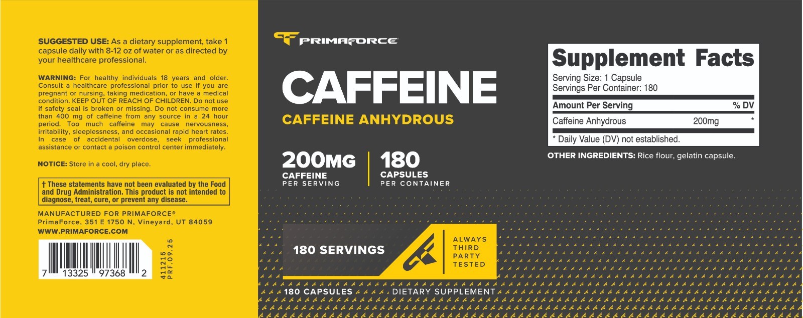 PrimaForce Caffeine Pills 200mg, 180 Capsules