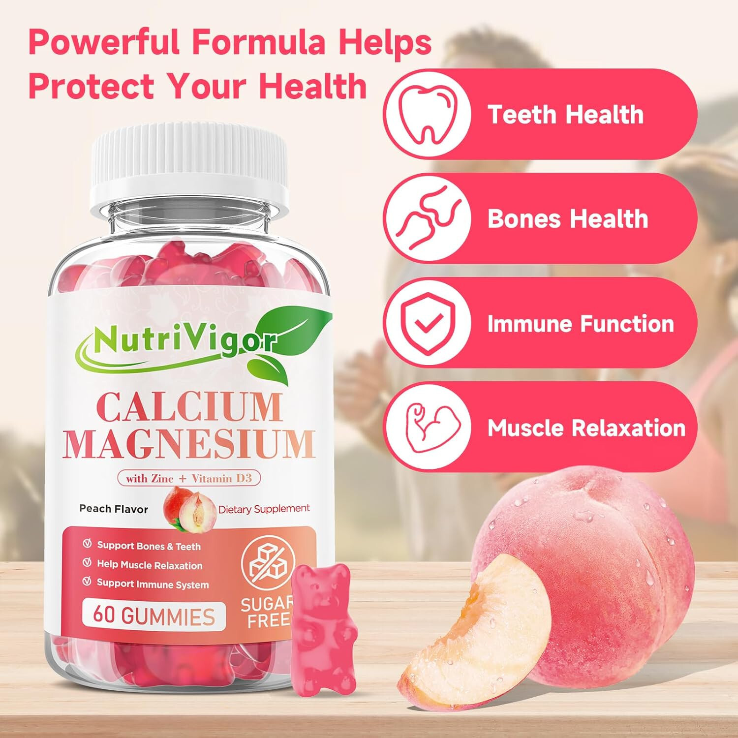 NutriVigor Calcium & Magnesium Gummies with Vitamin D3 and Zinc ~ Sugar-Free