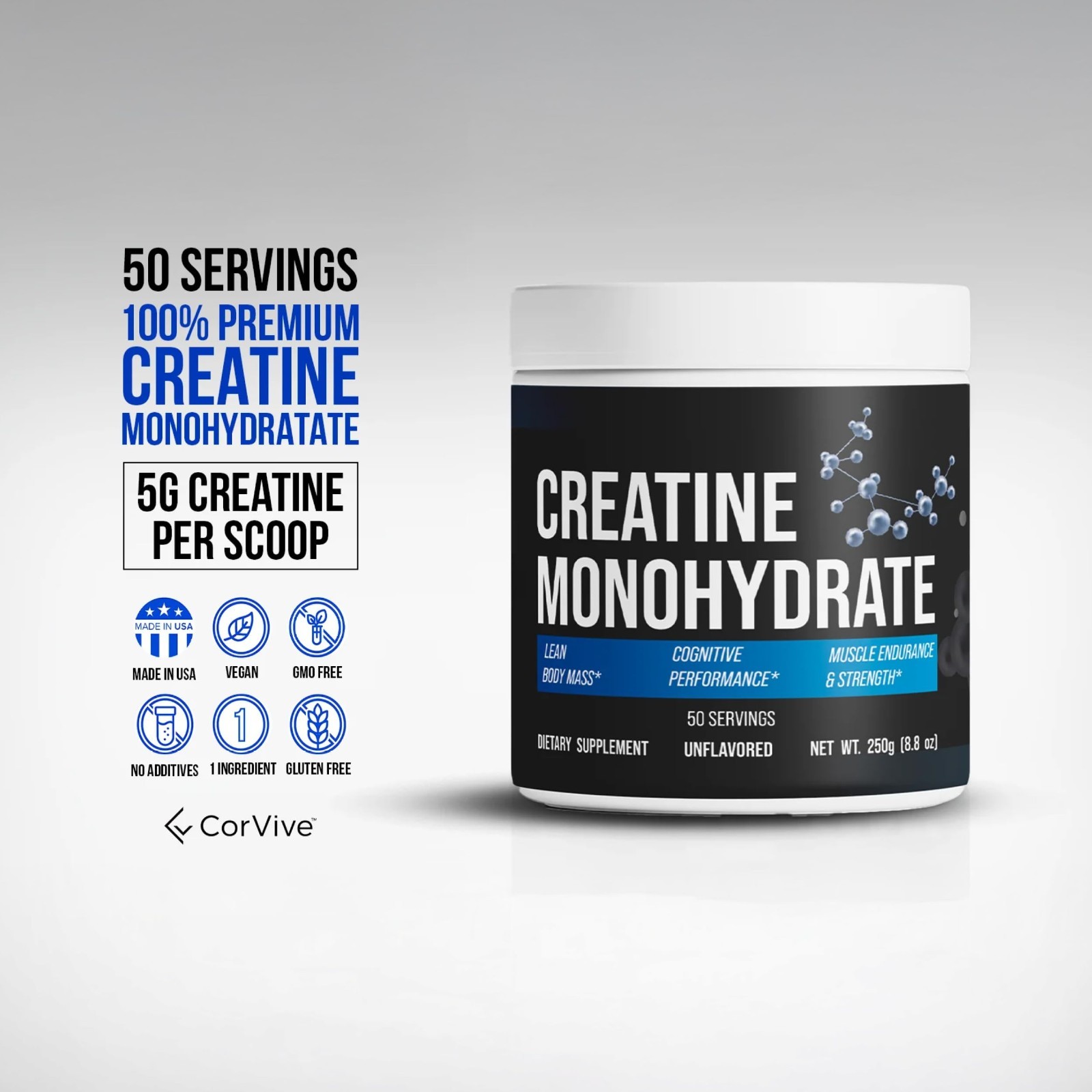 Pure Creatine Monohydrate Powder – Vegan, Gluten-Free, No Additives – 50 Serving