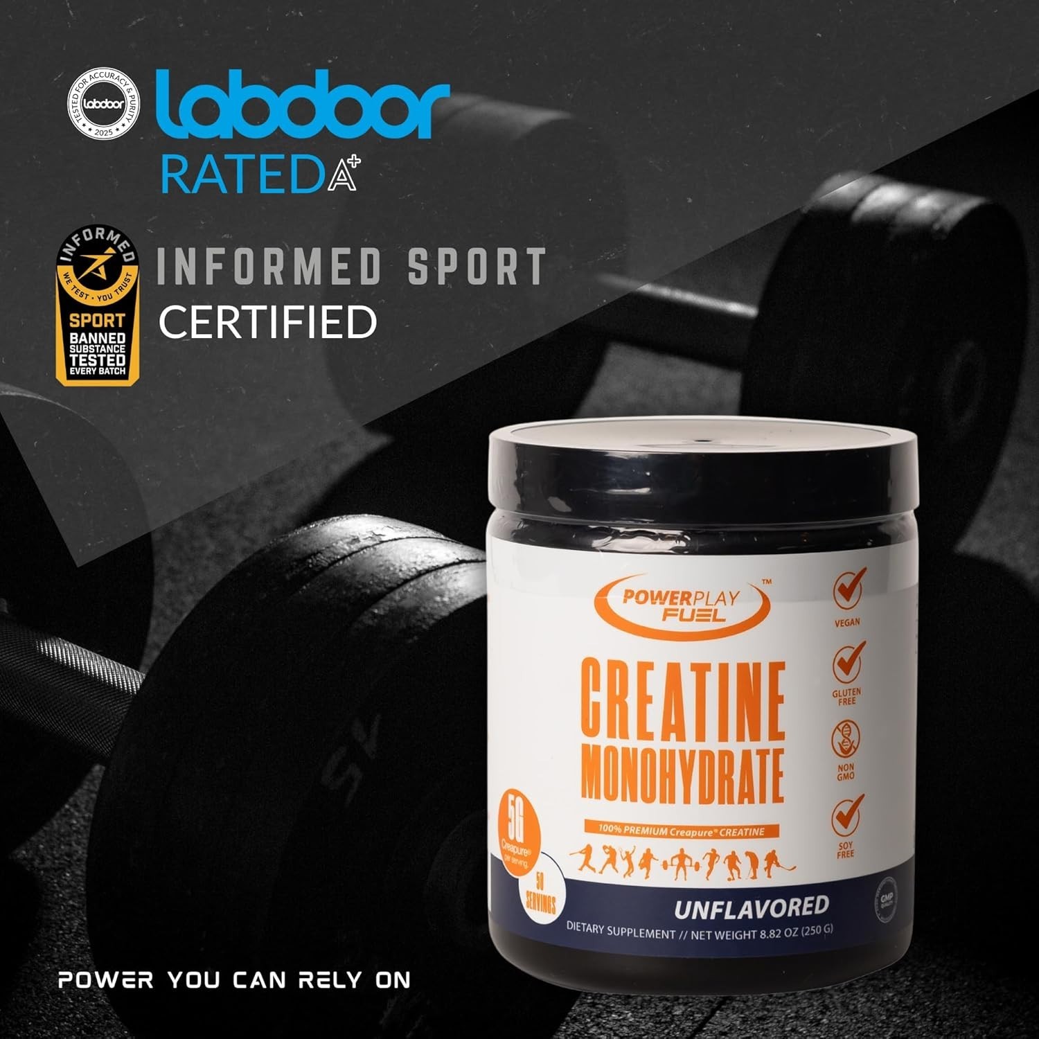 Power Play Fuel CREATINE Monohydrate Powder, Non-GMO, Vegan – Unflavored – 250g
