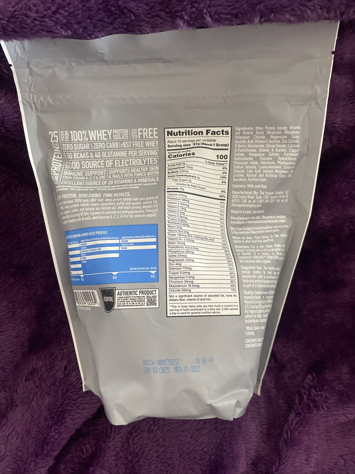 Zero Carb 100% Whey Protein Isolate 25g Protein Powder Creamy Vanilla 1 lb Bag