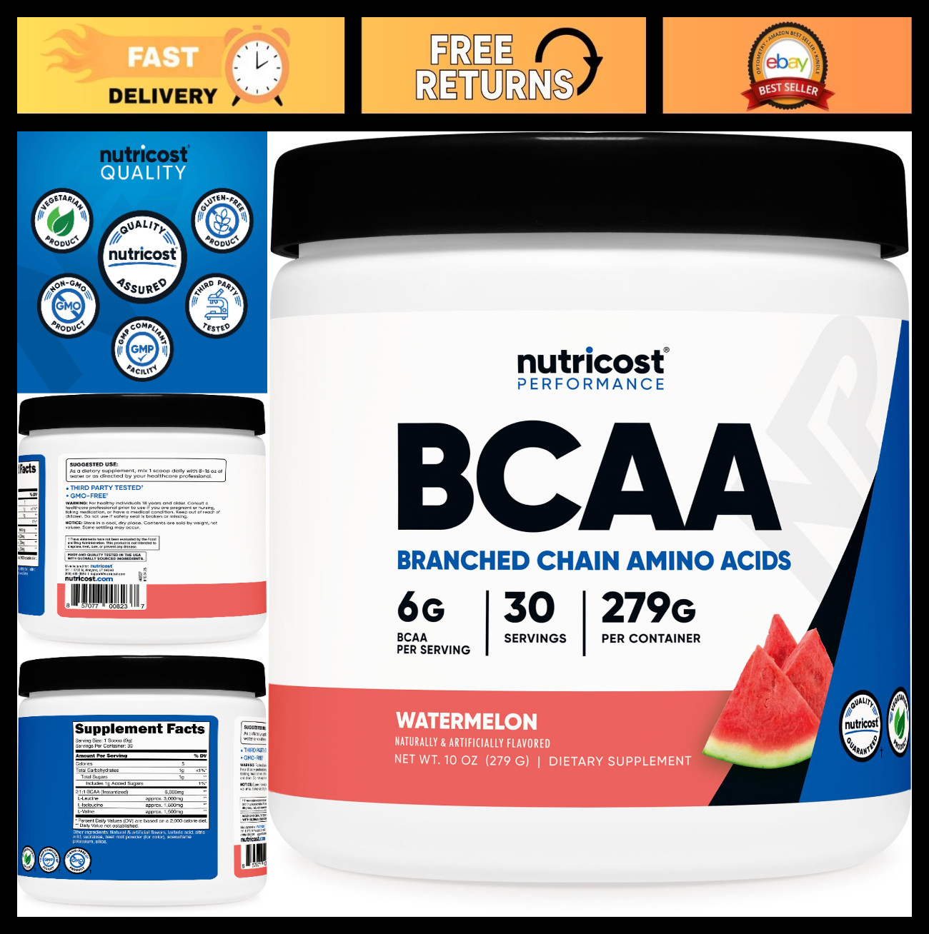 BCAA Powder Watermelon Flavor – 30 Servings, Optimal 2:1:1 Ratio, Muscle Recover