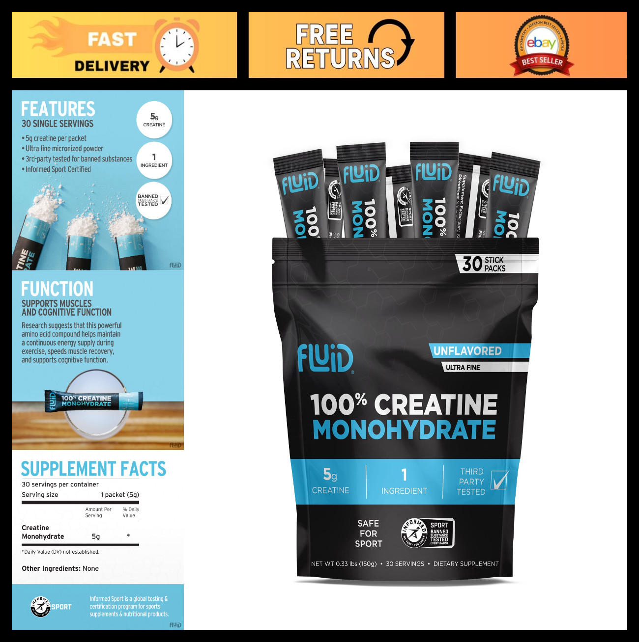 Ultra-Fine Micronized Creatine Monohydrate Powder – 5g Travel Stick Packs, 30 Se