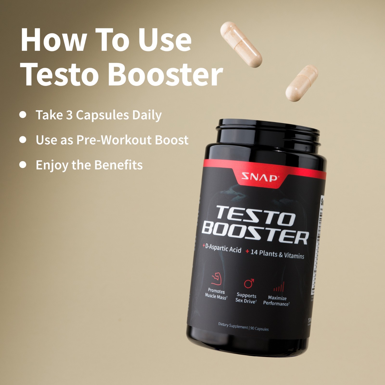 Snap Testo Booster – Muscle Growth, Energy, Libido Capsules 90ct – 2 Pack
