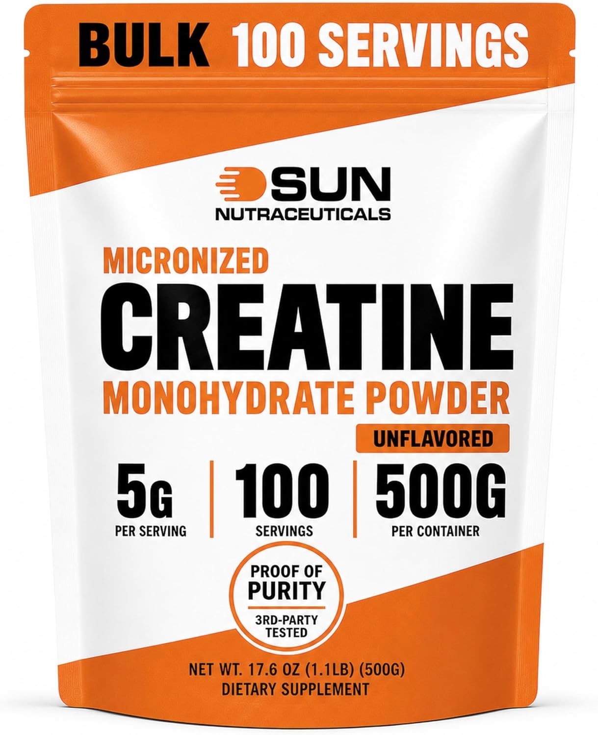 Micronized Creatine Monohydrate Powder 500g 1.1 lbs, 100 Servings Bulk Creatine