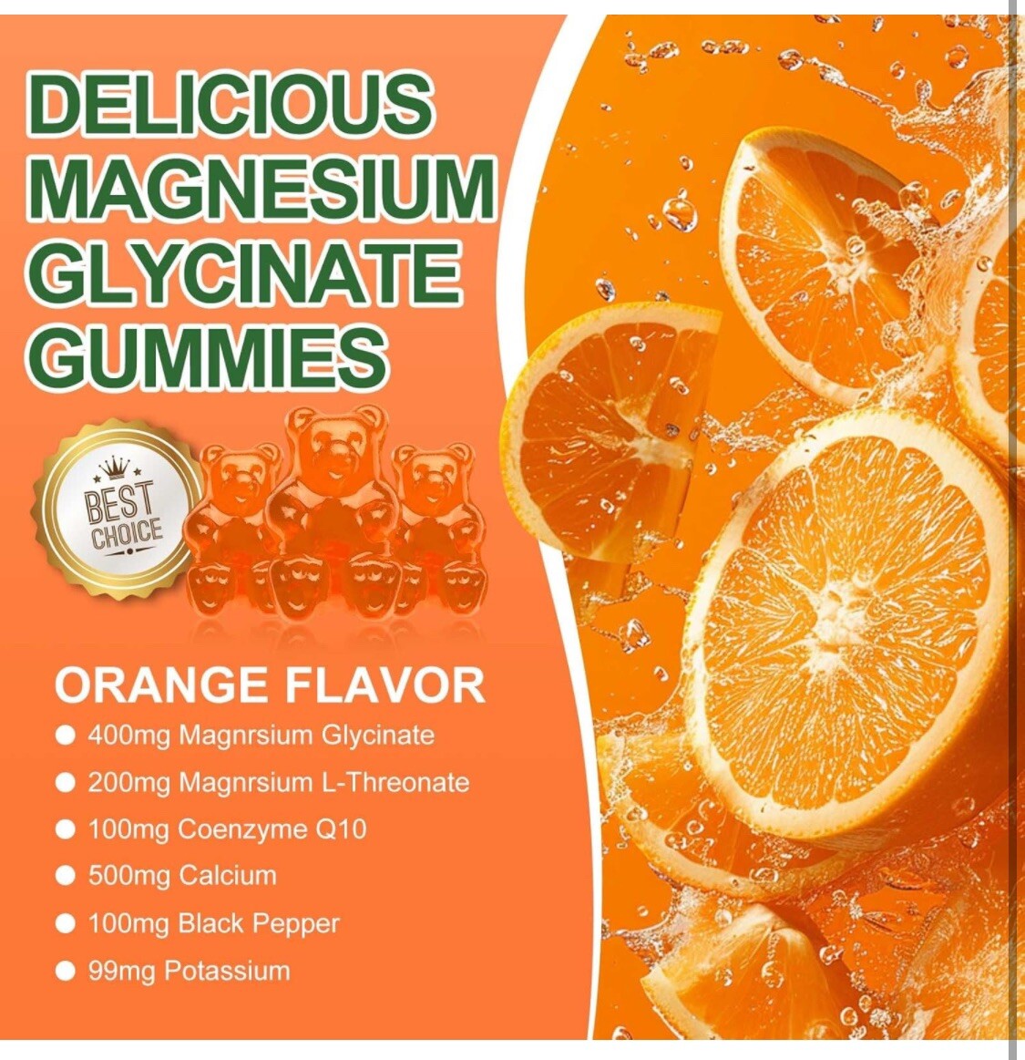Magnesium Glycinate Gummies Orange 120 Gummies High Absorption, Diet Sup 600mg