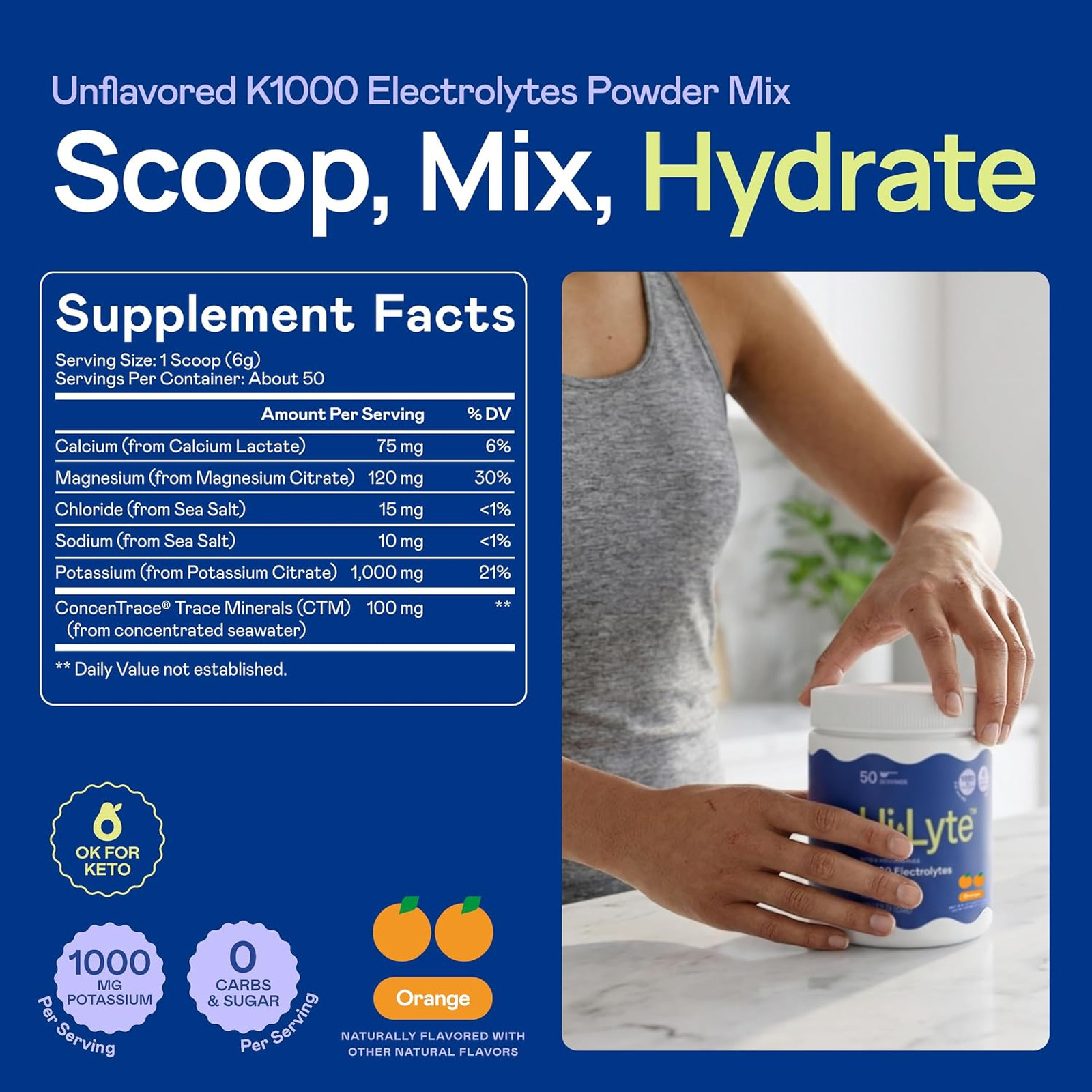 Electrolytes Powder Mix Orange 50 Servings Keto Performance 1000mg Potassium