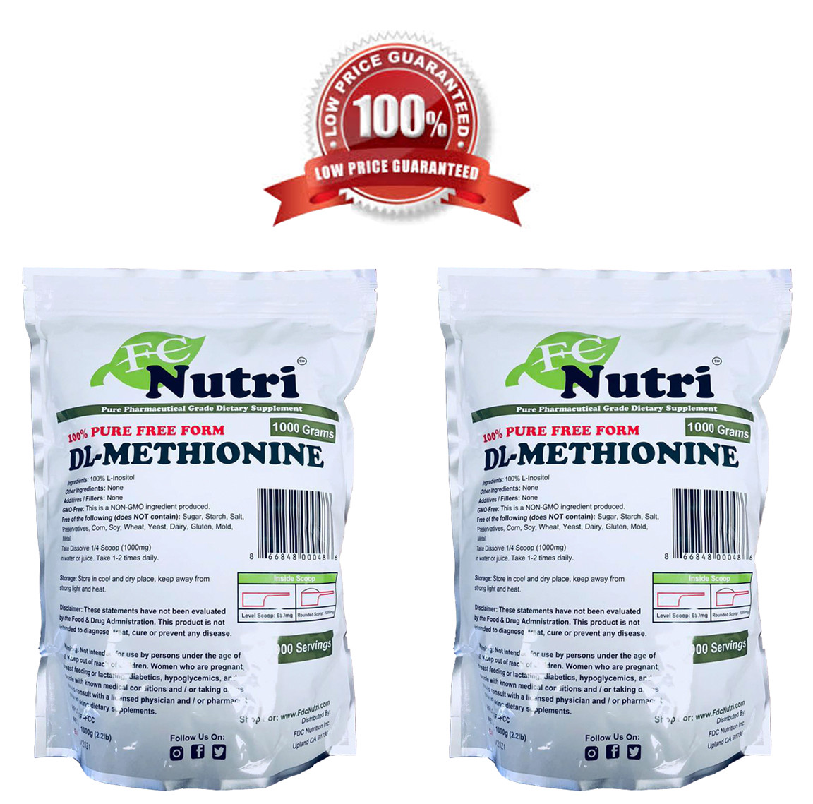 DL-Methionine Powder 100%pure Two 2.2lbs (2000 grams total) By FDCNutri