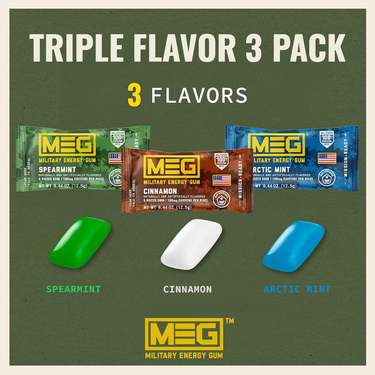 MEG Gum – Military Energy | 100mg of Caffeine Per Green, Red, Light Blue