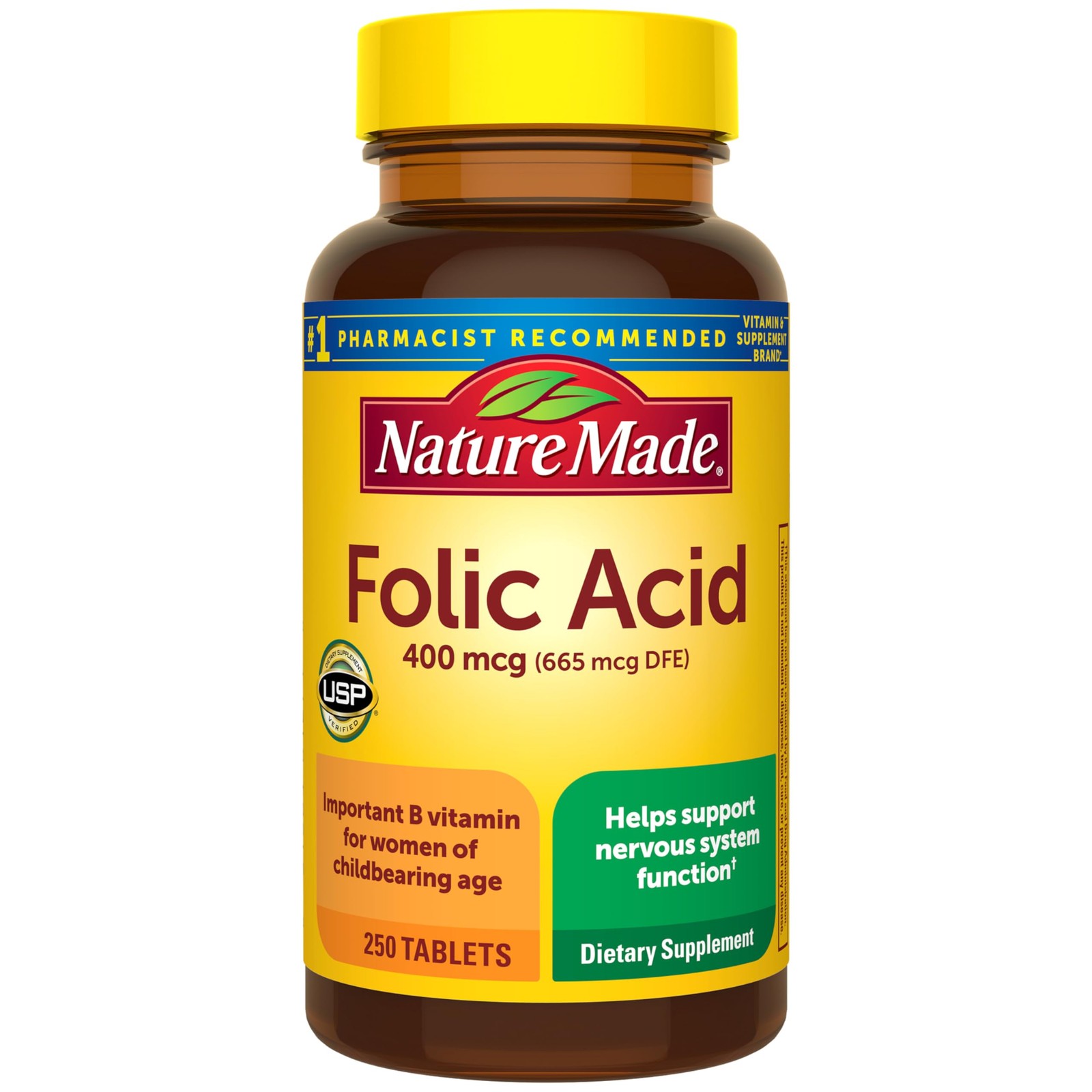 Folic Acid 400 mcg (665 mcg DFE) Dietary Supplement for Nervous System Function,
