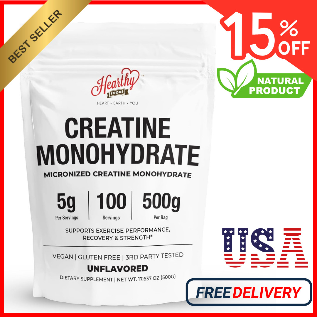HEARTHY FOODS Creatine Monohydrate Micronized Powder 500G – 100 Servings, 5000mg