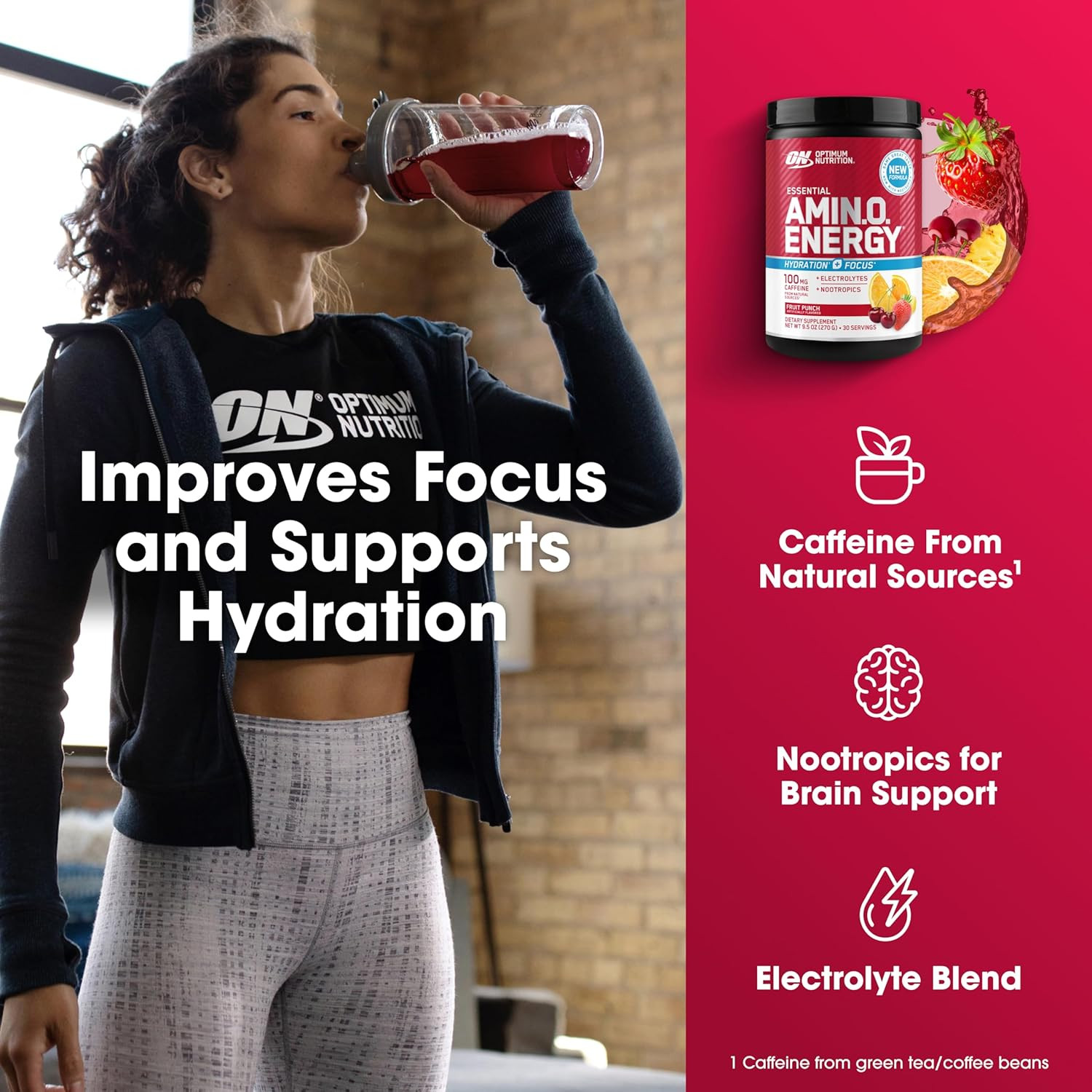 Optimum Nutrition Amino Energy Powder plus Focus, BCAA, Electrolytes, FruitPunch