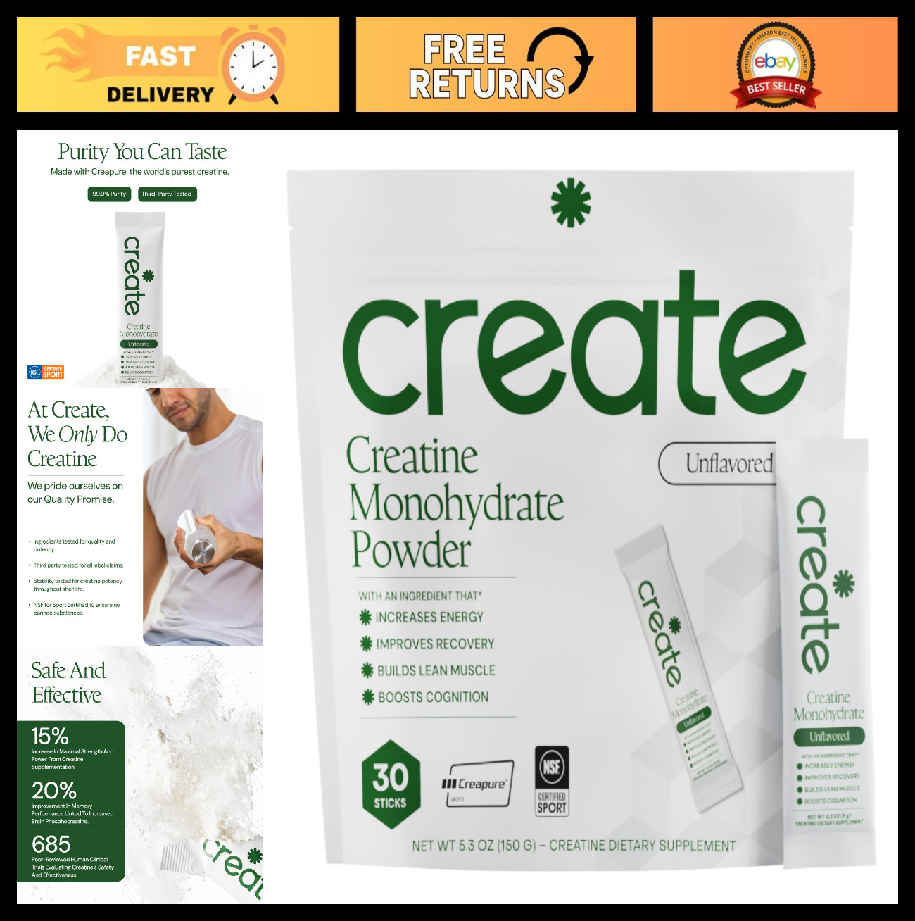 Creatine Monohydrate Powder – Unflavored, 30 Single-Serve Packs, Vegan, Sugar-Fr