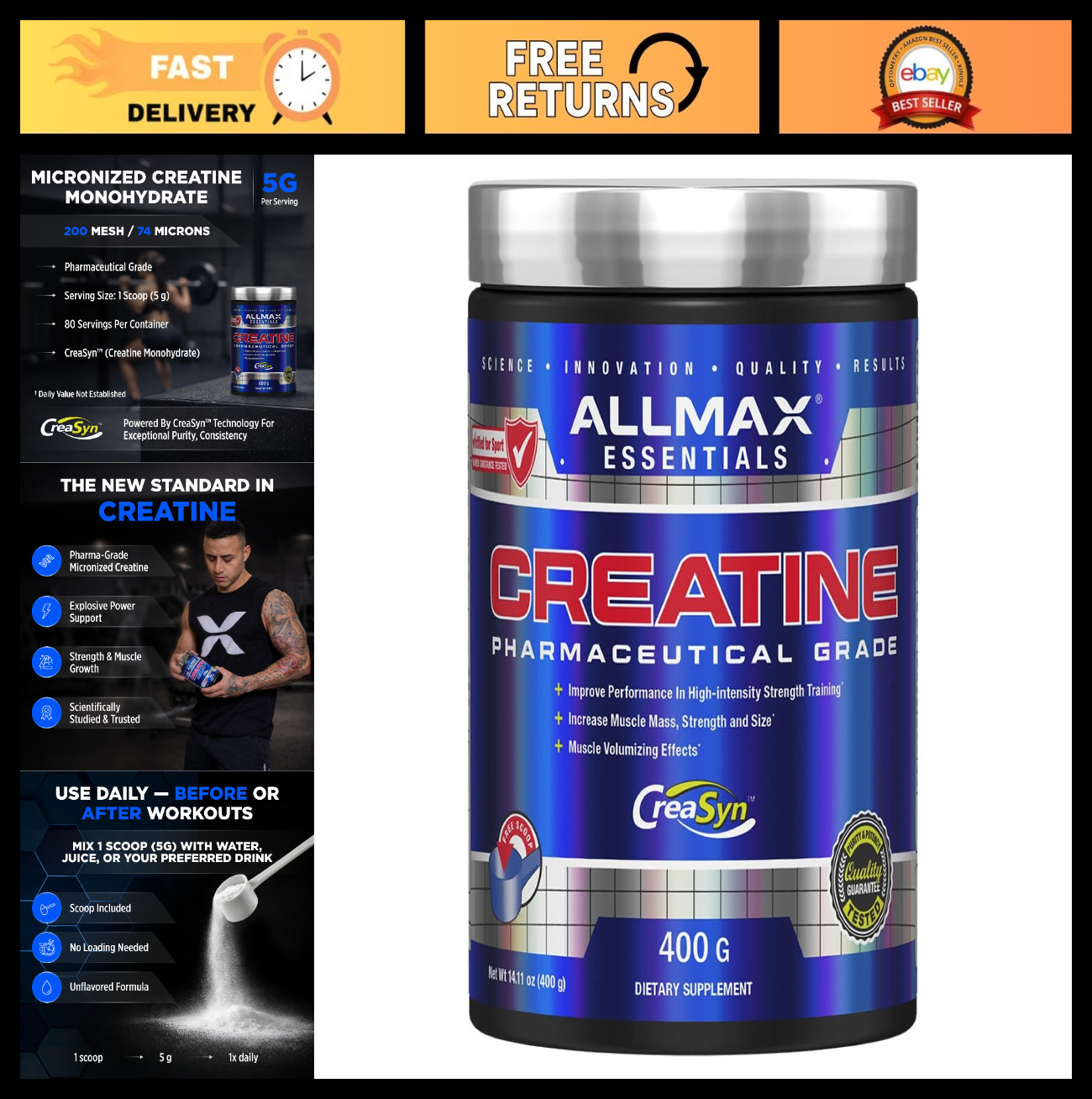Micronized Creatine Monohydrate Powder, Unflavored, 400g – Muscle Growth & Energ
