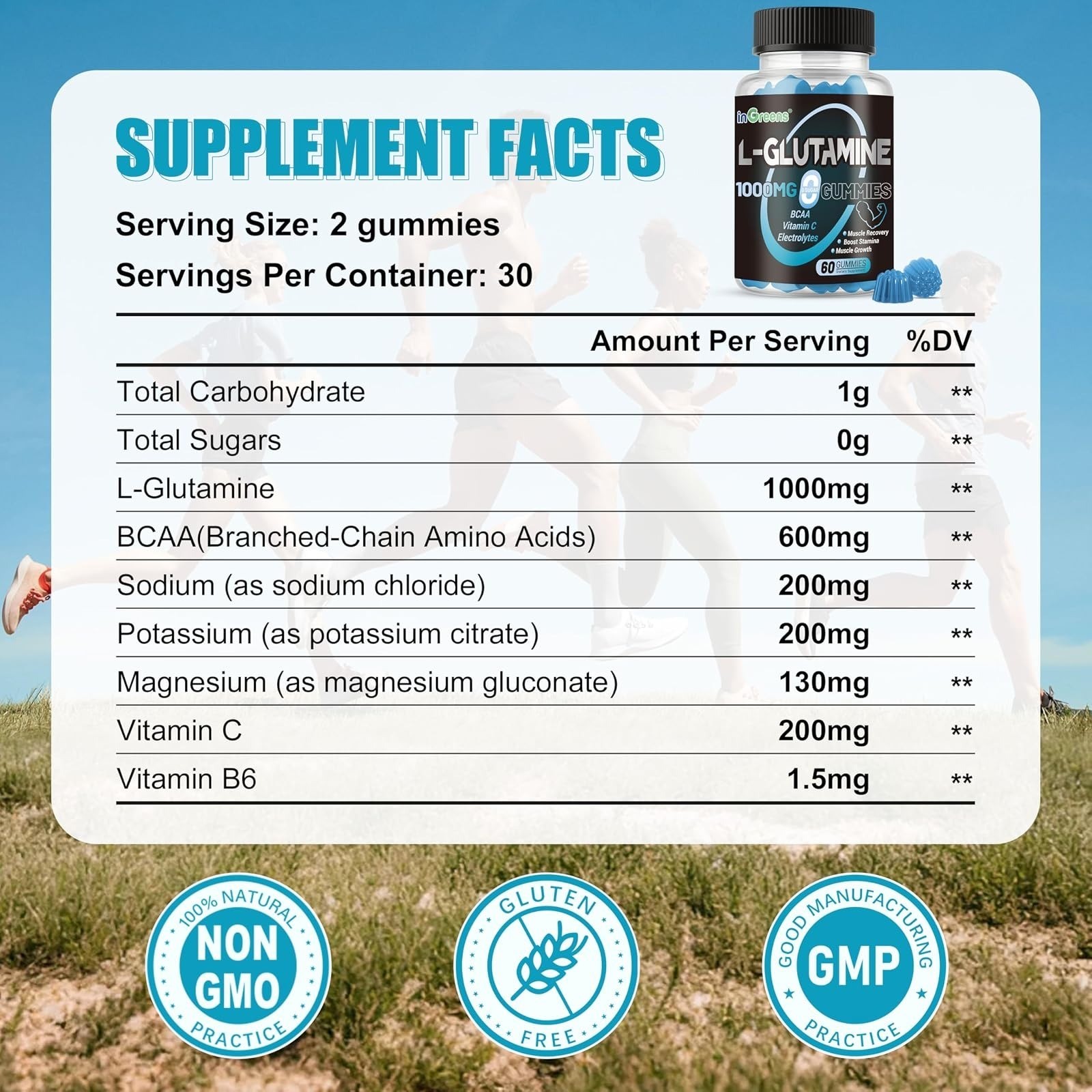 inGreens L-Glutamine Gummies 1000mg 60 Count | Muscle Recovery Support