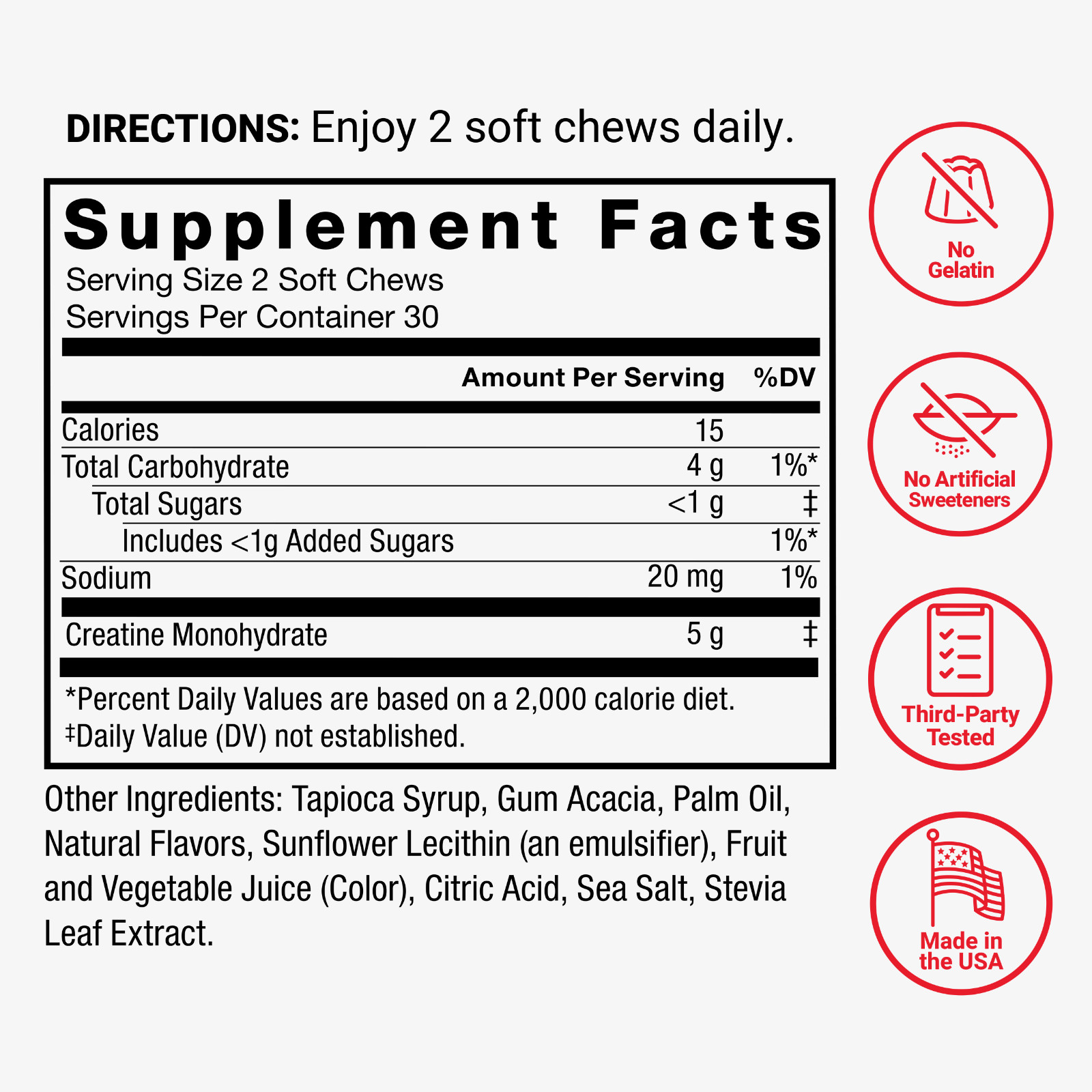 Force Factor Legendary Creatine Chews 5g Monohydrate Muscle Strength 60 Ct