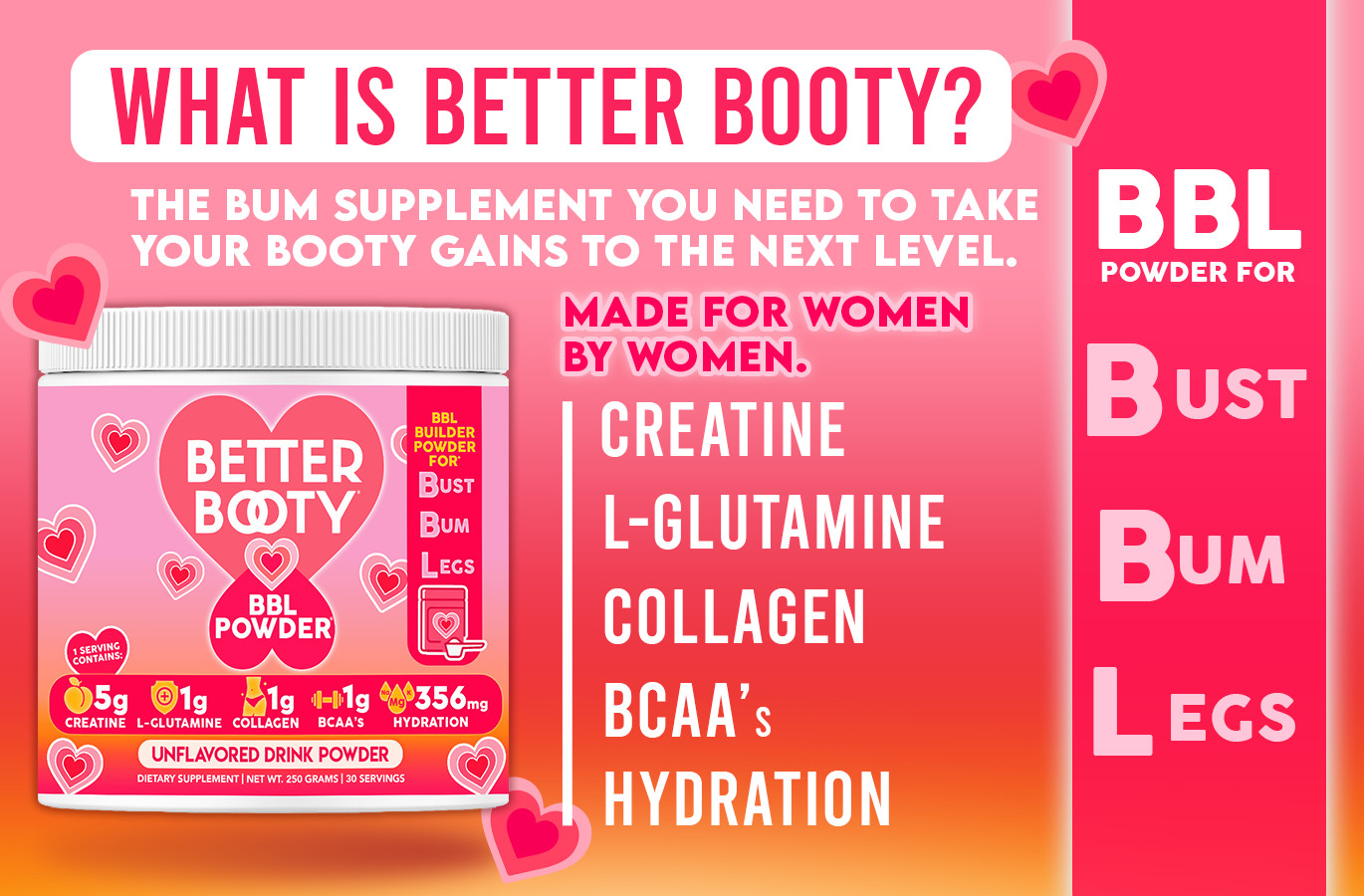 Better Booty BBL Powder Creatine for Women Glute Builder w Collagen BCAA’s Drink