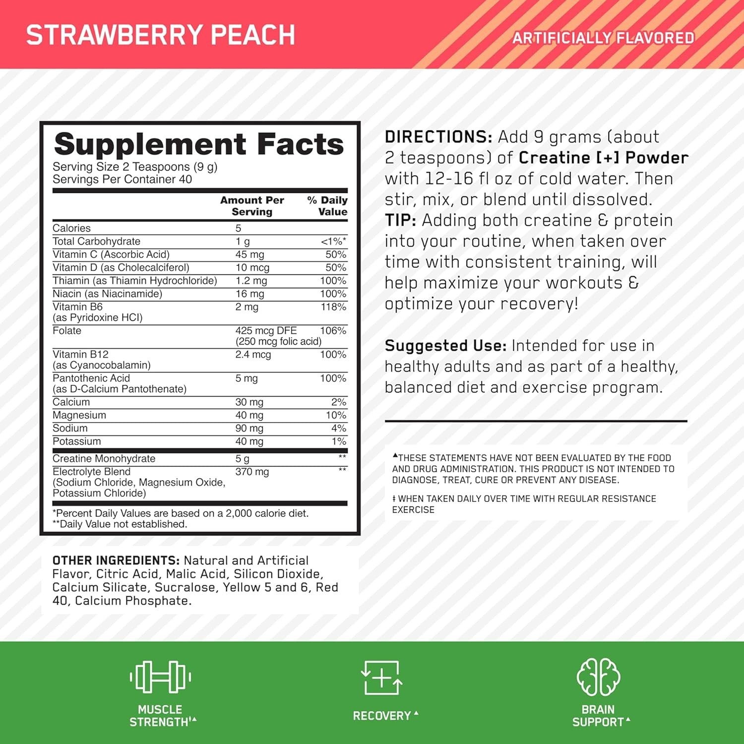 Creatine Monohydrate Plus Powder – Strawberry Peach Flavor, 360g Hydration Blend