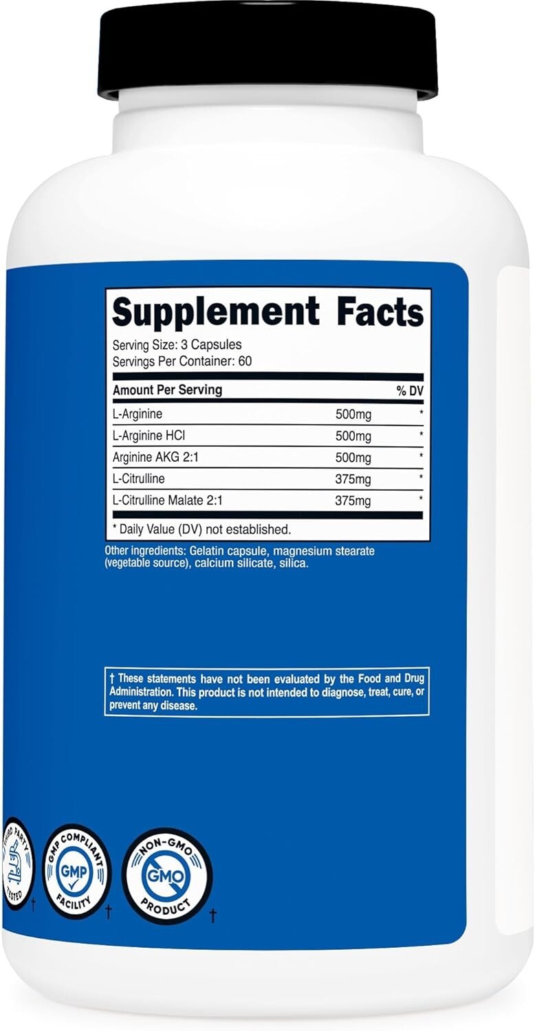 Vascular Health Support: Nitric Oxide Booster 2250mg in 180 Gluten-Free Capsules