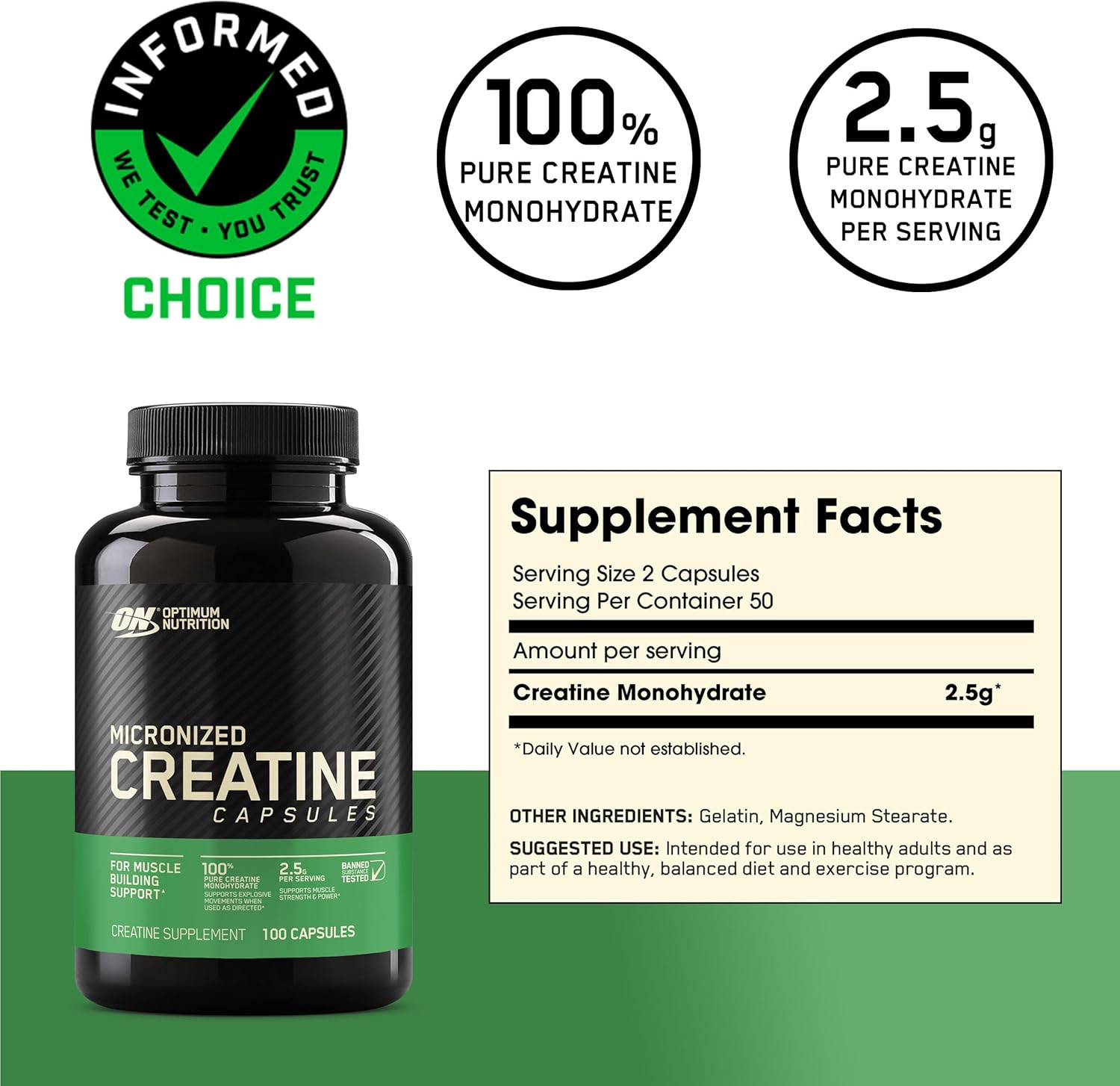 Optimum Nutrition Creatine Monohydrate Capsules, 2500mg, Keto Friendly, 100 Caps